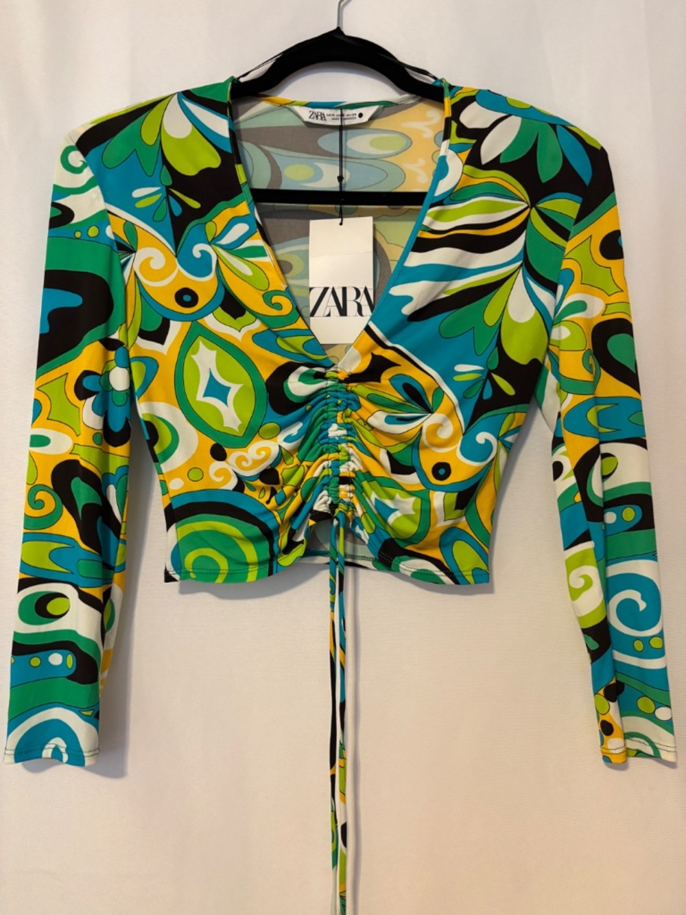 Y2K Retro Psychedelic Ruched Crop Top Long Sleeve Multicolor Zara Size M NWT